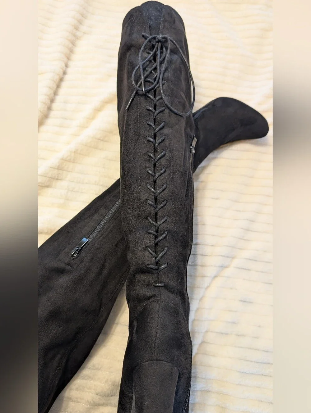TOP Moda Black Over-the-Knee Lace-Back Suede Boots